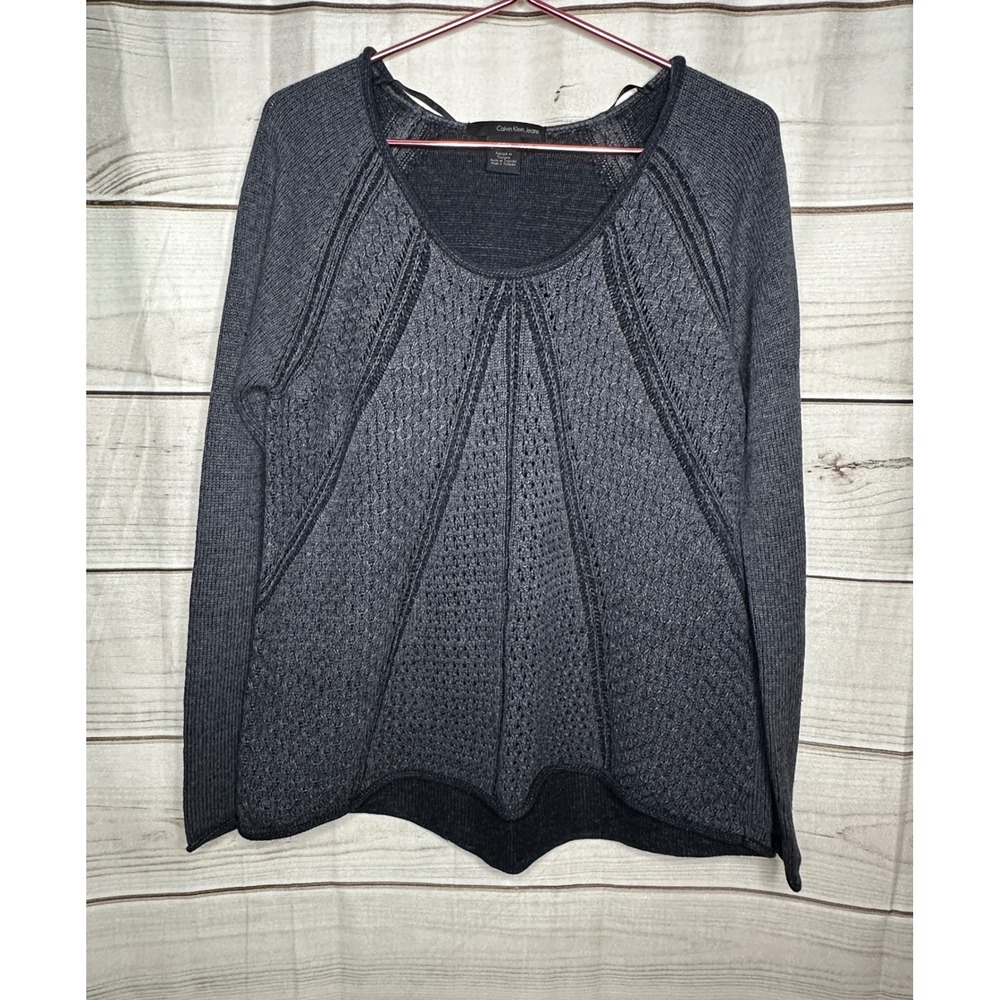 Calvin Klein Jeans Sweater Women Large Gray Mixed Knit Scoop Neck Scalloped Hem